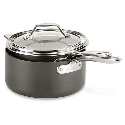 All-Clad Essentials Nonstick 6.5-Quart Stainless Steel 2-Piece Hard-Anodized Saucepan Set nested together