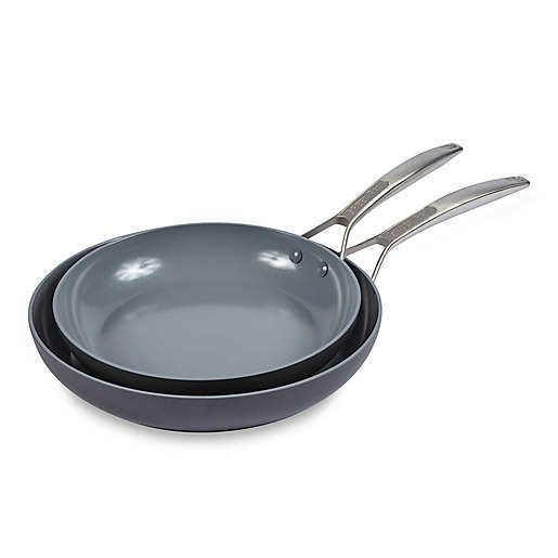 GreenPan Paris Ceramic Nonstick Fry Pan Set with two pans stacked on top of each other