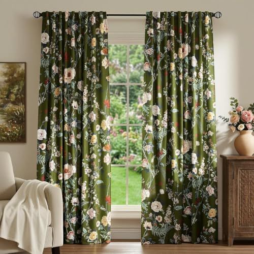 Printed Vintage Velvet Curtains 90 inches for Living Room,Olive Green